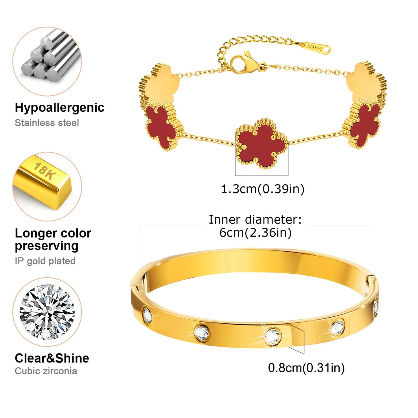 💖 Set de Pulseras Vnox Trébol 13mm – El Regalo Perfecto para Ella